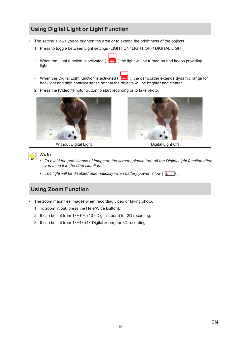 Using digital light or light function, Using zoom function | Toshiba Camileo Z100 User Manual | Page 18 / 54