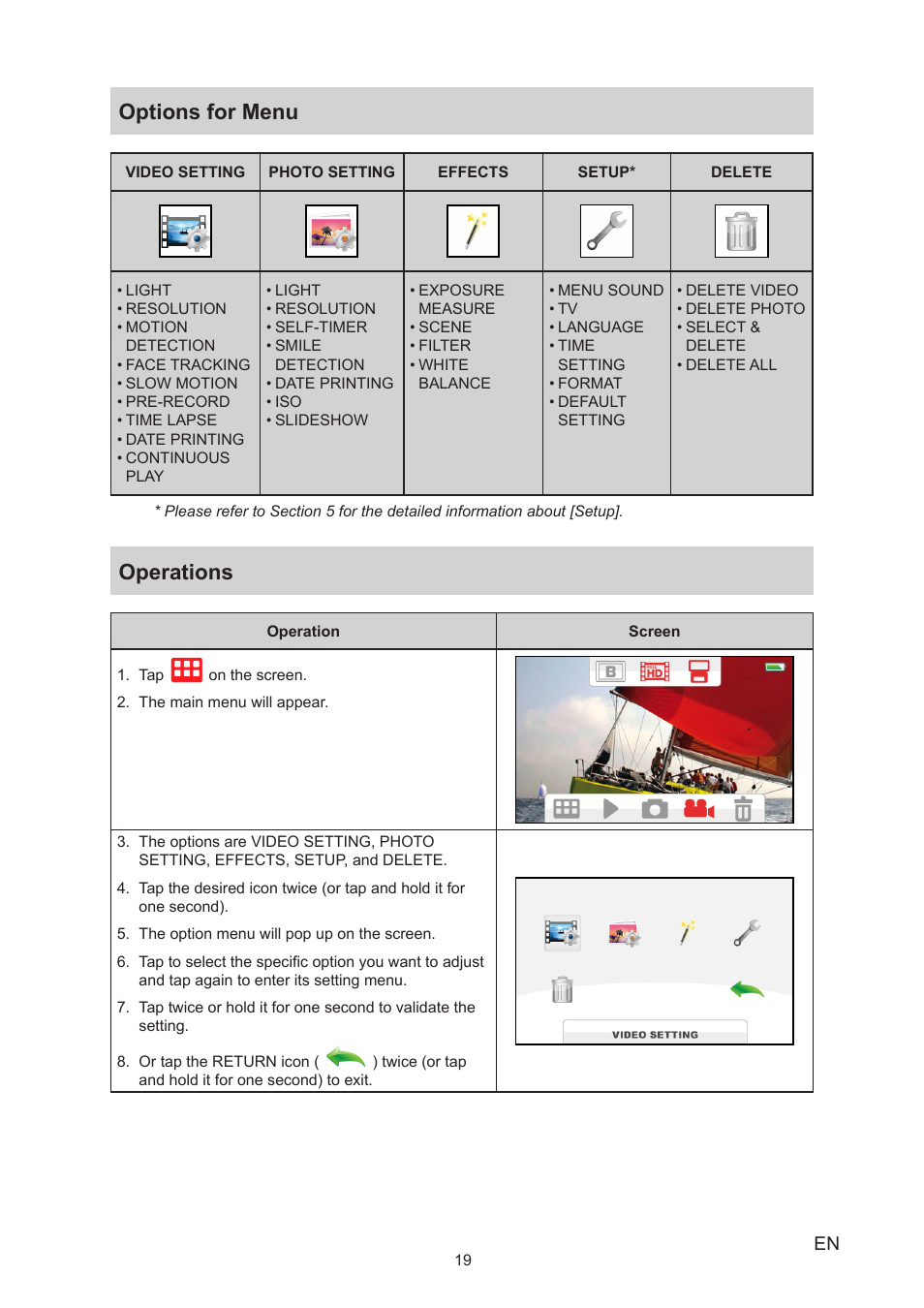 Options for menu, Operations, Options for menu operations | Toshiba Camileo Z100 User Manual | Page 19 / 54