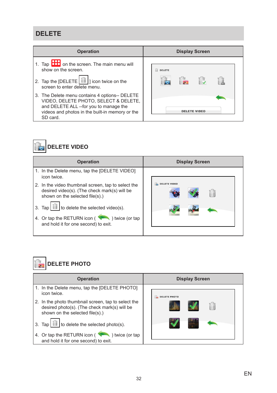 Delete | Toshiba Camileo Z100 User Manual | Page 32 / 54