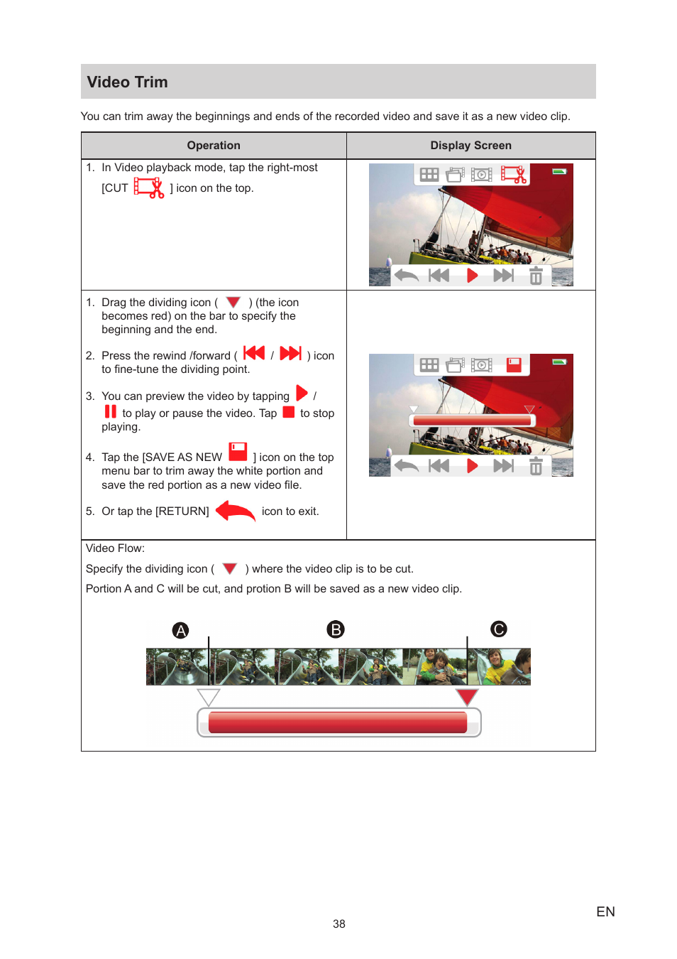 Video trim | Toshiba Camileo Z100 User Manual | Page 38 / 54