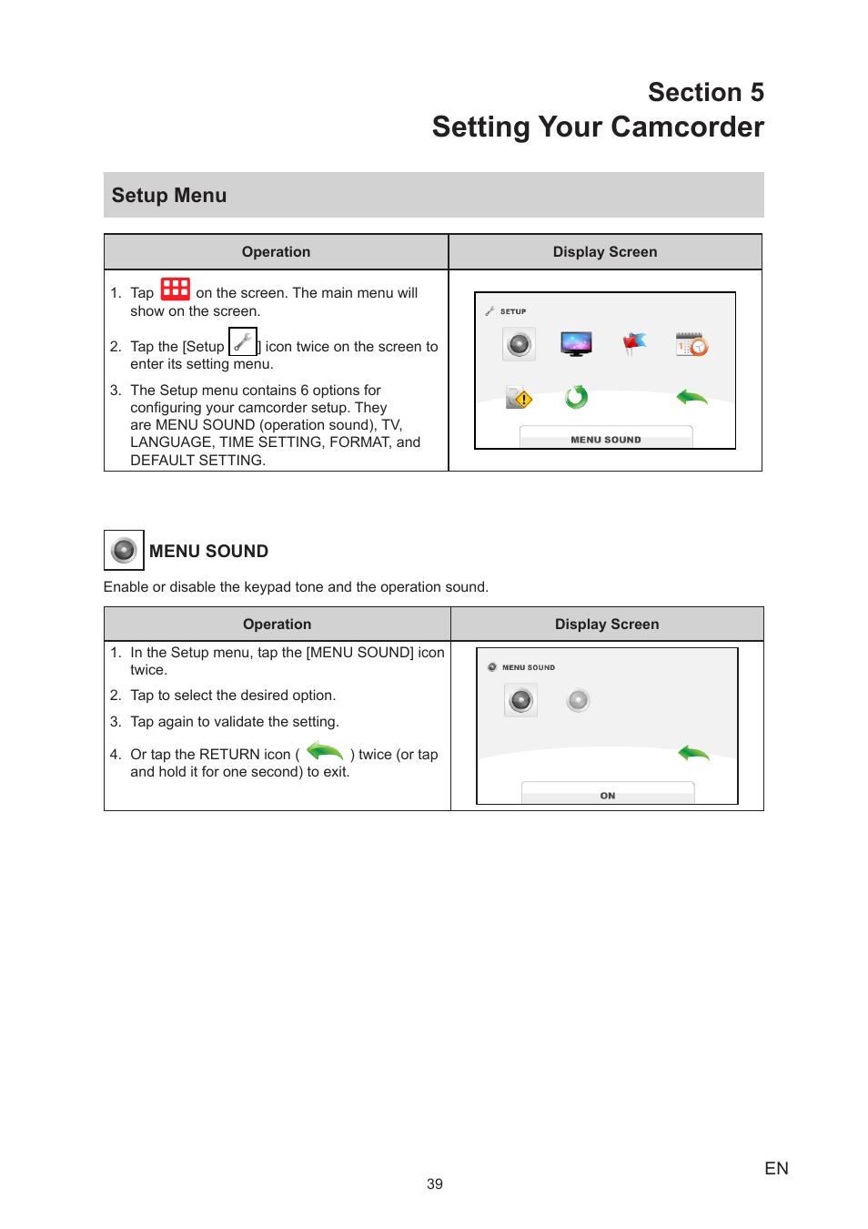 Section 5 setting your camcorder, Setup menu, Setting your camcorder | Toshiba Camileo Z100 User Manual | Page 39 / 54