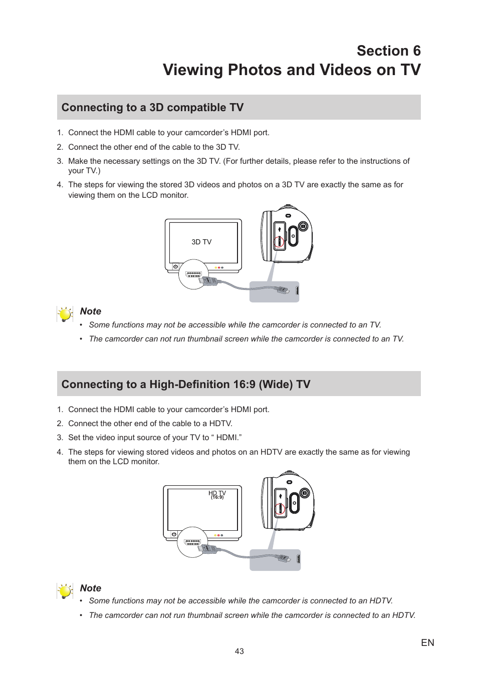 Section 6 viewing photos and videos on tv, Connecting to a 3d compatible tv, Connecting to a high-definition 16:9 (wide) tv | Viewing photos and videos on tv | Toshiba Camileo Z100 User Manual | Page 43 / 54