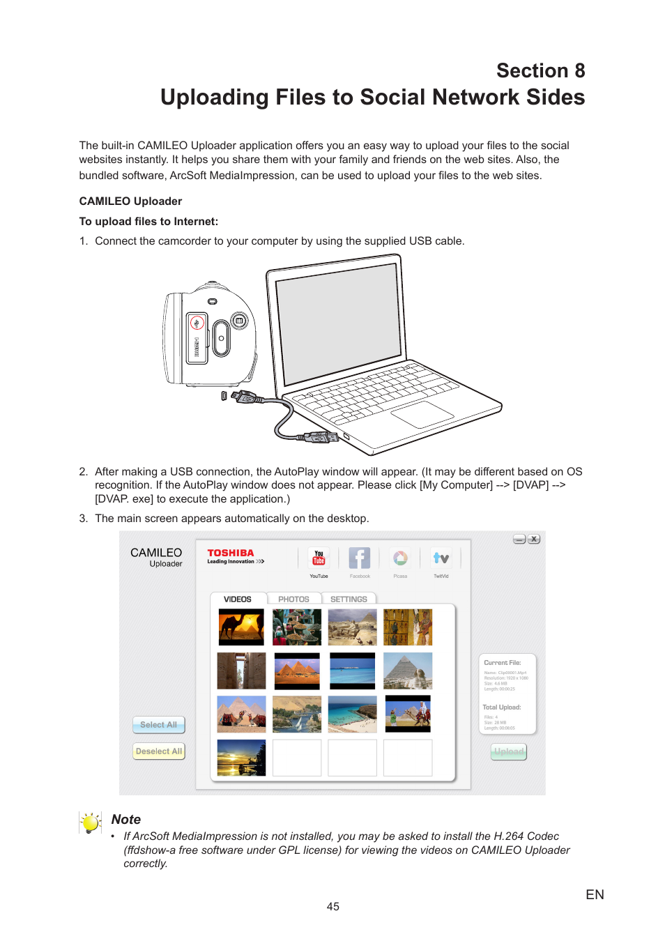 Section 8 uploading files to social network sides, Uploading files to social network sides | Toshiba Camileo Z100 User Manual | Page 45 / 54