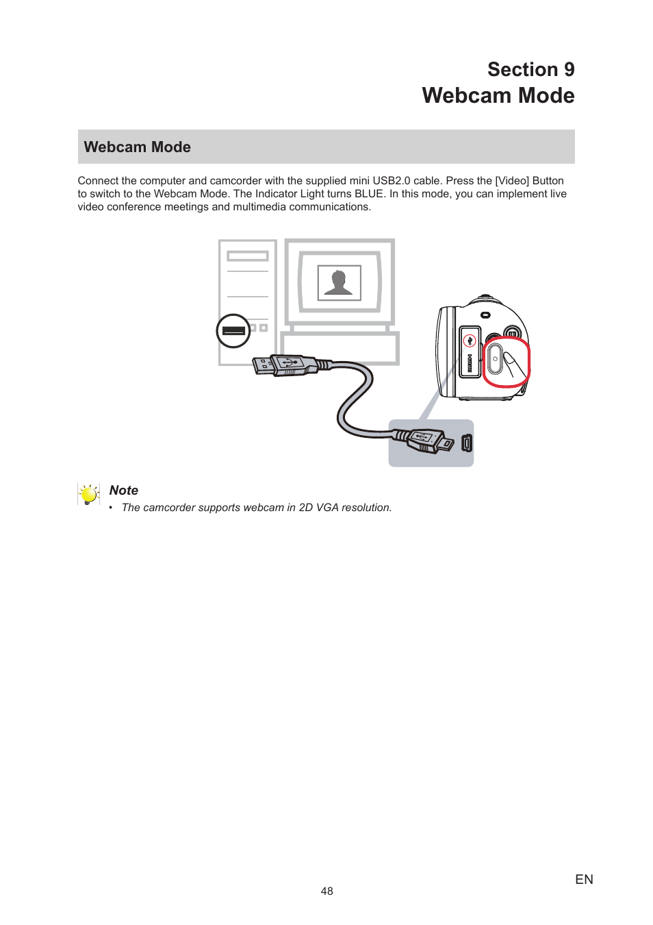 Section 9 webcam mode, Webcam mode | Toshiba Camileo Z100 User Manual | Page 48 / 54