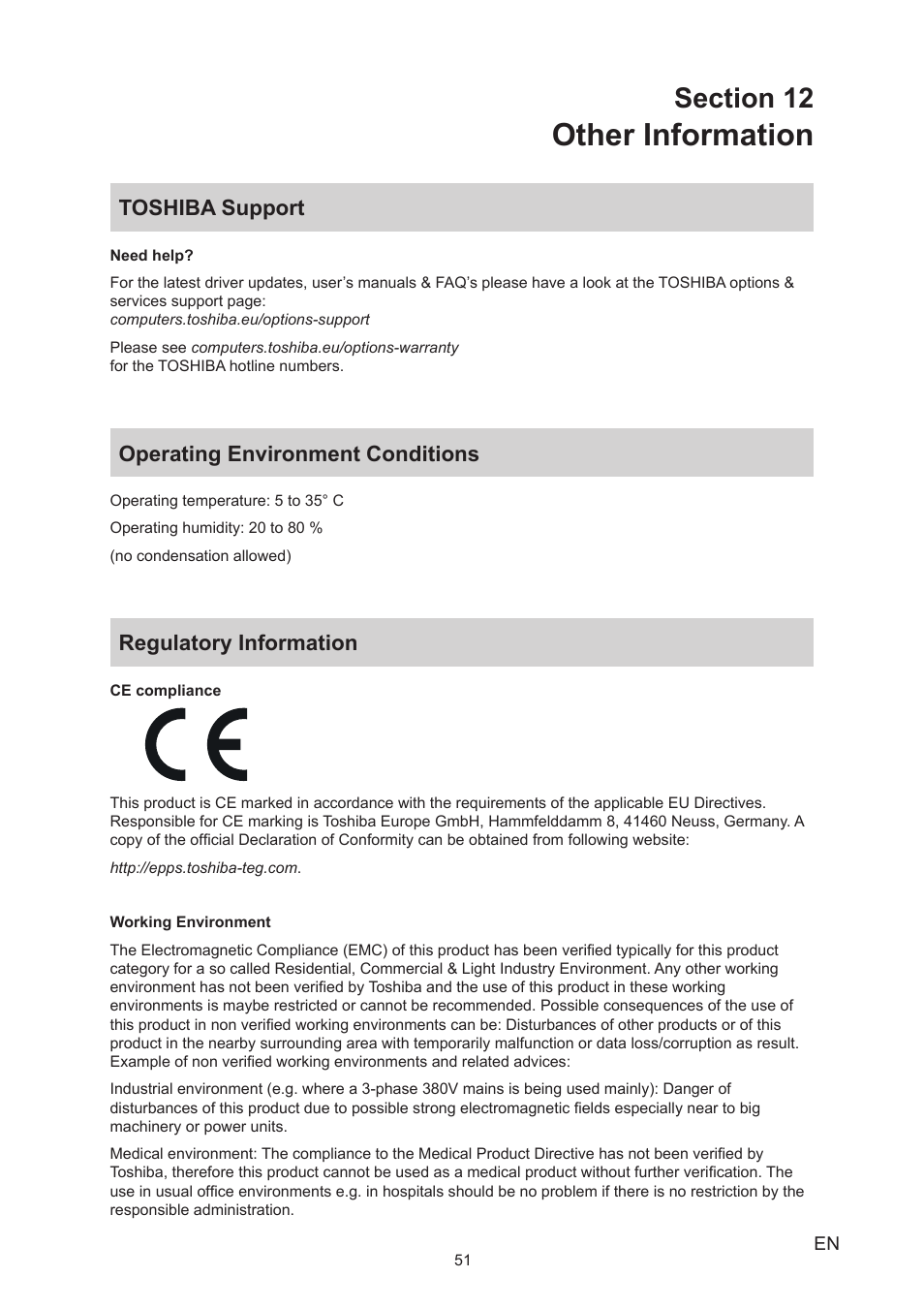 Section 12 other information, Toshiba support, Operating environment conditions | Regulatory information, Other information | Toshiba Camileo Z100 User Manual | Page 51 / 54
