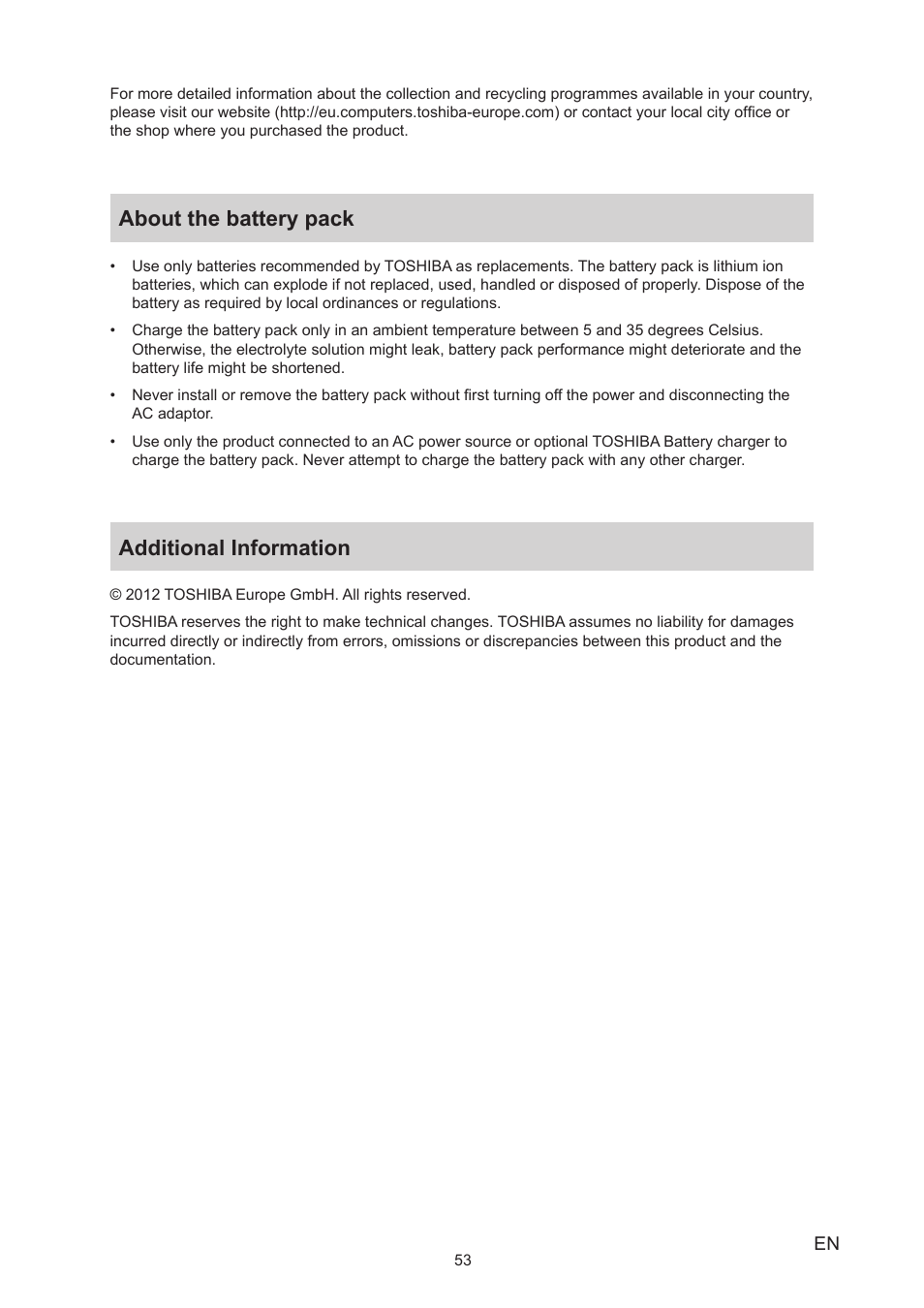 About the battery pack, Additional information | Toshiba Camileo Z100 User Manual | Page 53 / 54