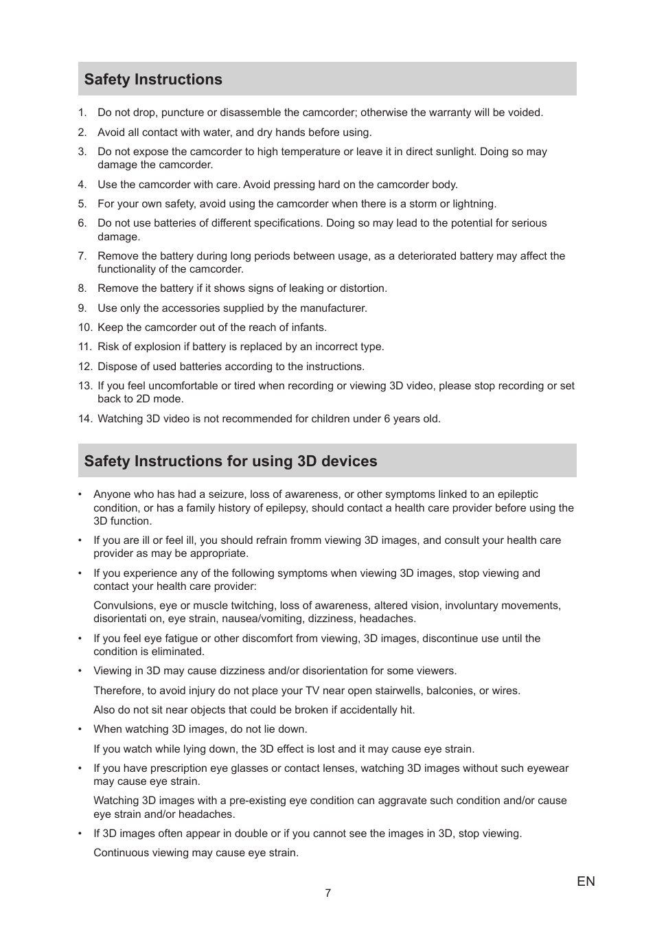 Safety instructions, Safety instructions for using 3d devices | Toshiba Camileo Z100 User Manual | Page 7 / 54