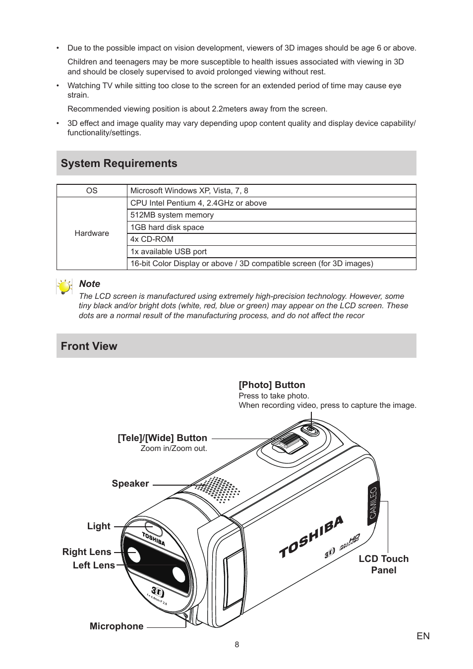 System requirements, Front view, System requirements front view | Toshiba Camileo Z100 User Manual | Page 8 / 54
