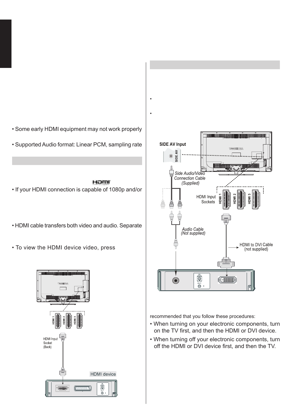 Connecting an hdmi, Or dvi device to the hdmi input, English | Toshiba L1433 User Manual | Page 11 / 50