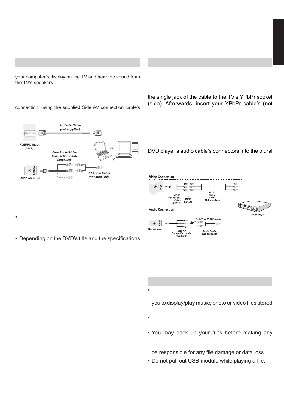 Connecting a computer connecting a dvd player, English, Connecting to a dvd player via ypbpr | Toshiba L1433 User Manual | Page 12 / 50