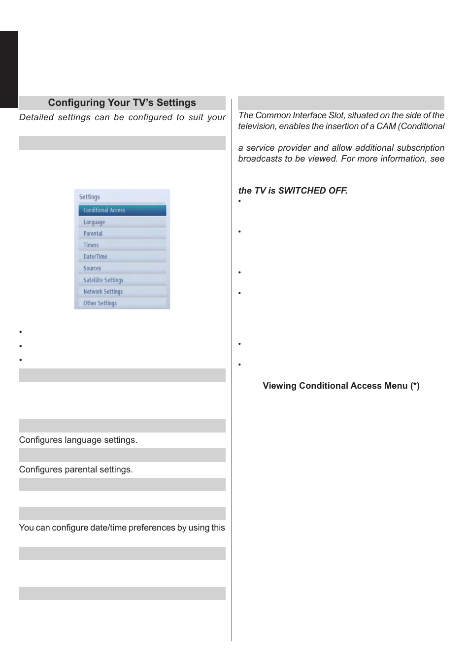 Settings menu operation, conditional access, English | Toshiba L1433 User Manual | Page 29 / 50