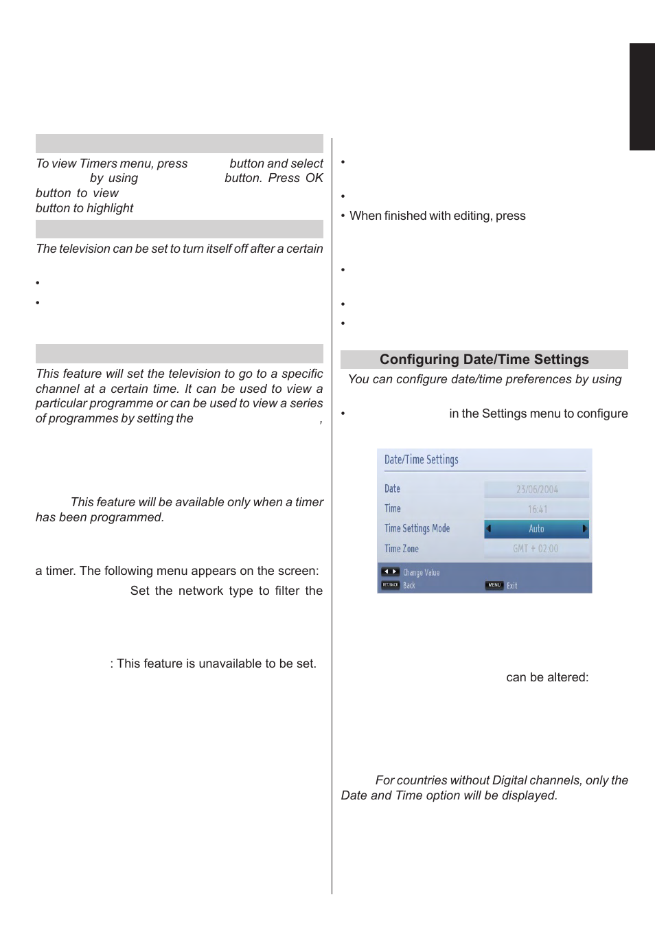 Setting timers, setting date/time, English | Toshiba L1433 User Manual | Page 30 / 50