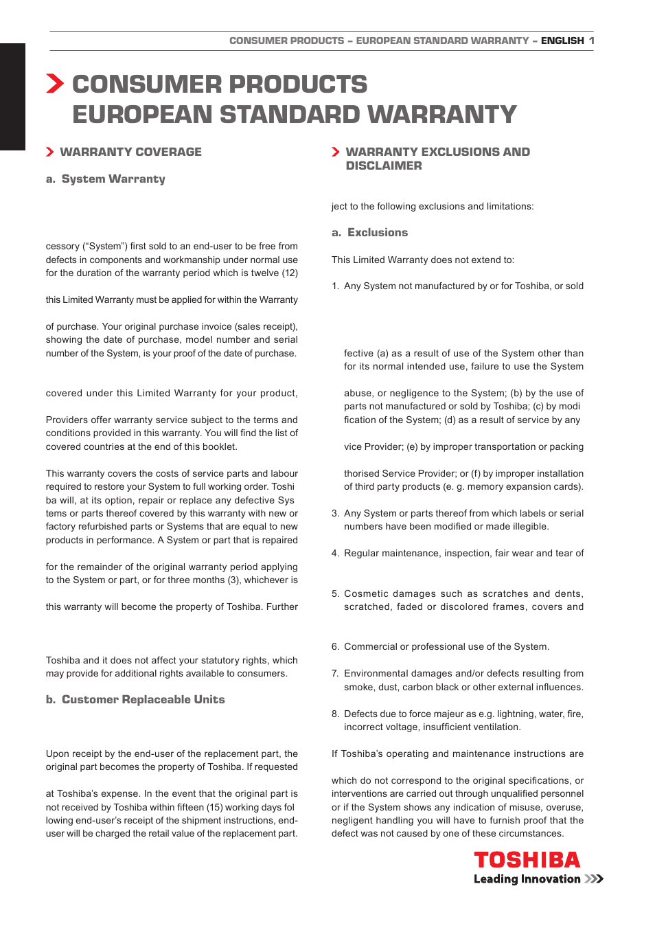 Consumer products european standard warranty, English | Toshiba L1433 User Manual | Page 47 / 50