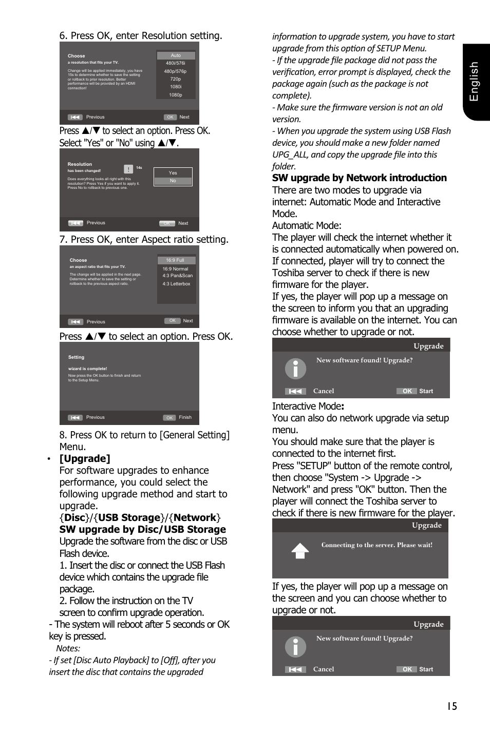 15 english, Press ok, enter resolution setting, Press ok, enter aspect ratio setting | Press / to select an option. press ok | Toshiba BDX1250 User Manual | Page 15 / 48