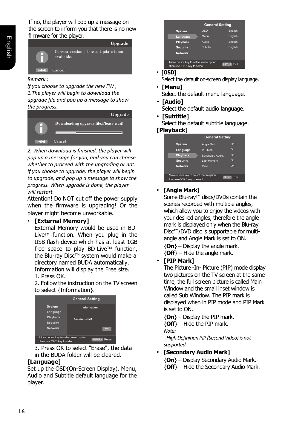 16 english, Function, the blu-ray disc, Osd] select the default on-screen display language | Menu] select the default menu language, Audio] select the default audio language, Angle mark] some blu-ray | Toshiba BDX1250 User Manual | Page 16 / 48