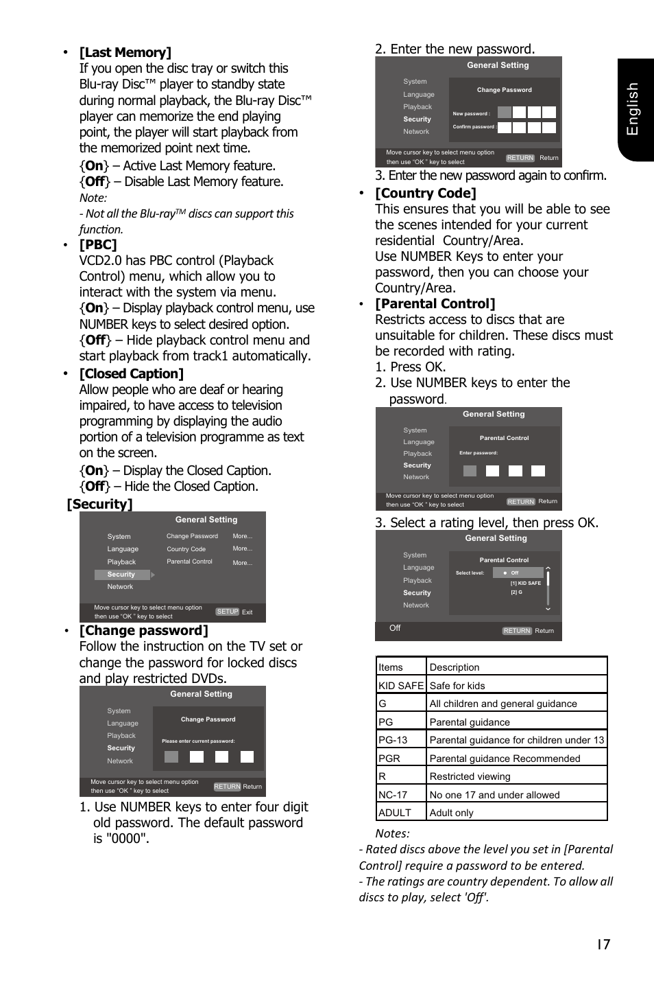 17 english, Security, Enter the new password again to confirm | Select a rating level, then press ok | Toshiba BDX1250 User Manual | Page 17 / 48