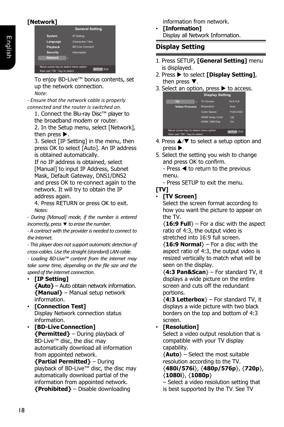 18 english, Display setting | Toshiba BDX1250 User Manual | Page 18 / 48