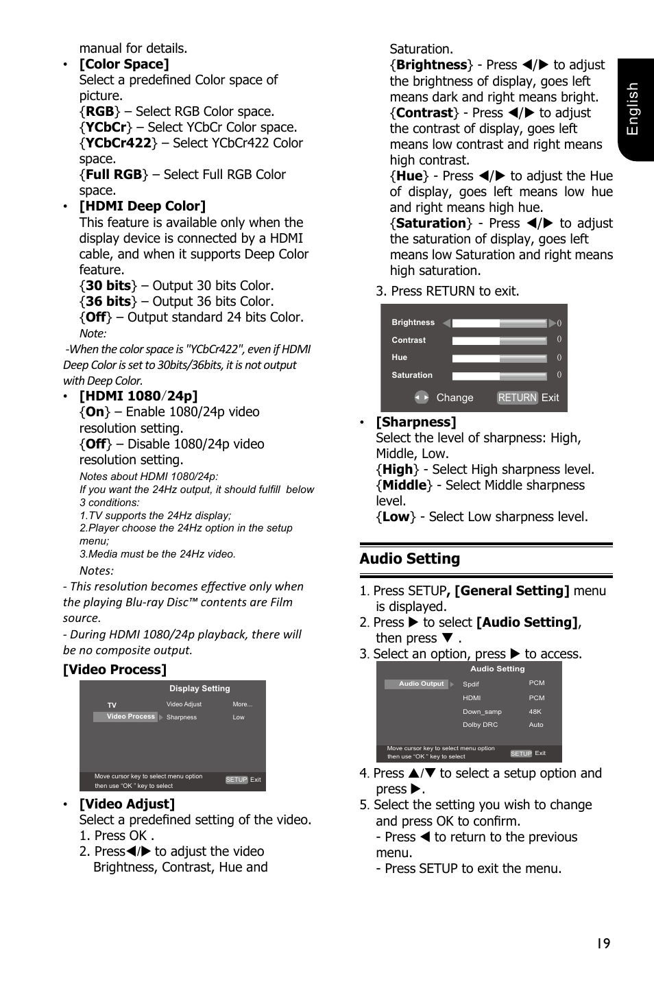 19 english, Audio setting | Toshiba BDX1250 User Manual | Page 19 / 48