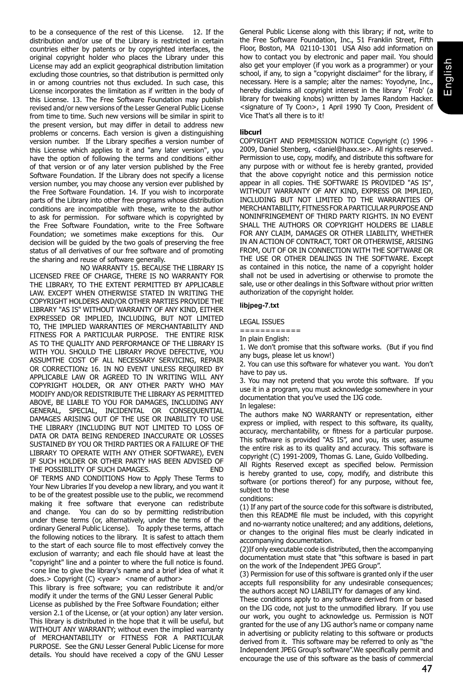 47 english | Toshiba BDX1250 User Manual | Page 47 / 48