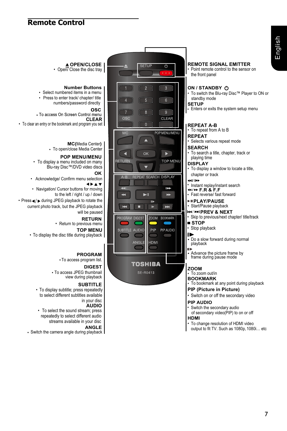 Remote control, 7english | Toshiba BDX1250 User Manual | Page 7 / 48