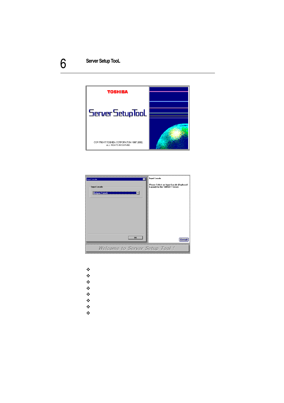 Server setup tool start-up screen, Input locale screen | Toshiba Magnia Z500 User Manual | Page 10 / 115