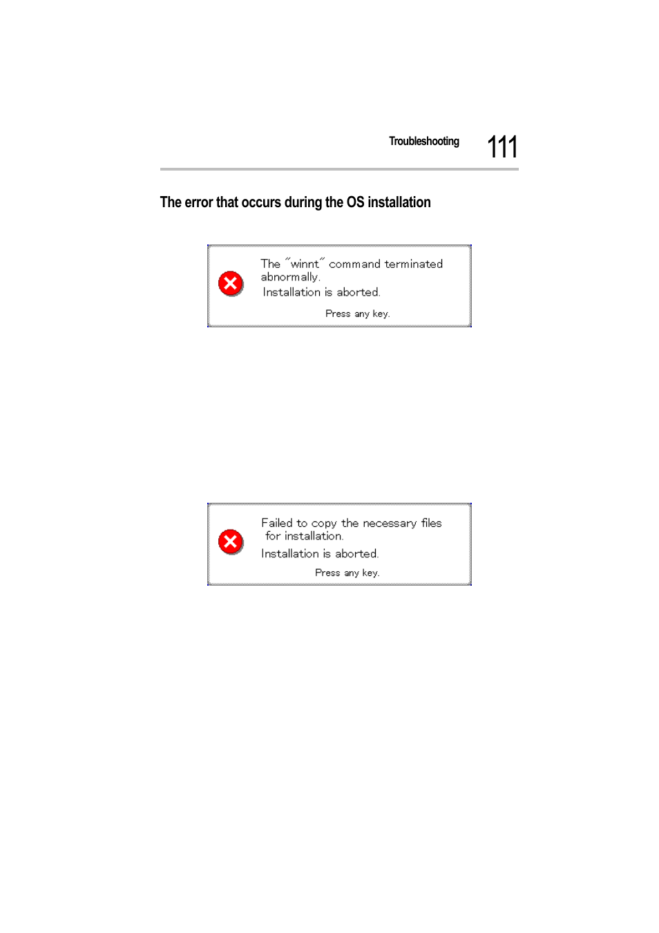 The error that occurs during the os installation | Toshiba Magnia Z500 User Manual | Page 112 / 115