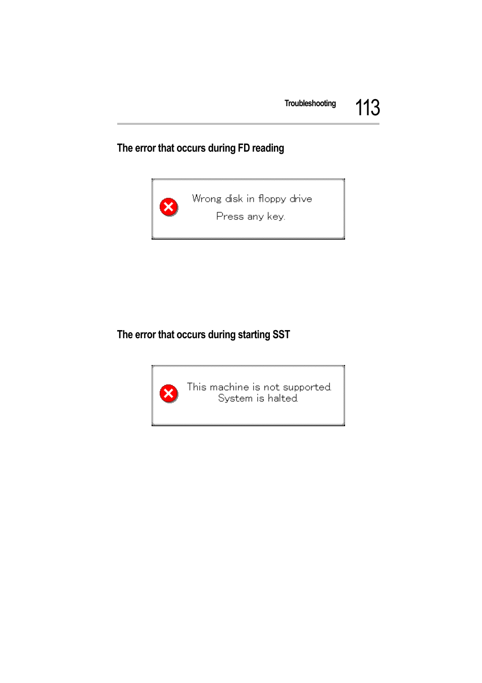 The error that occurs during fd reading, The error that occurs during starting sst | Toshiba Magnia Z500 User Manual | Page 114 / 115