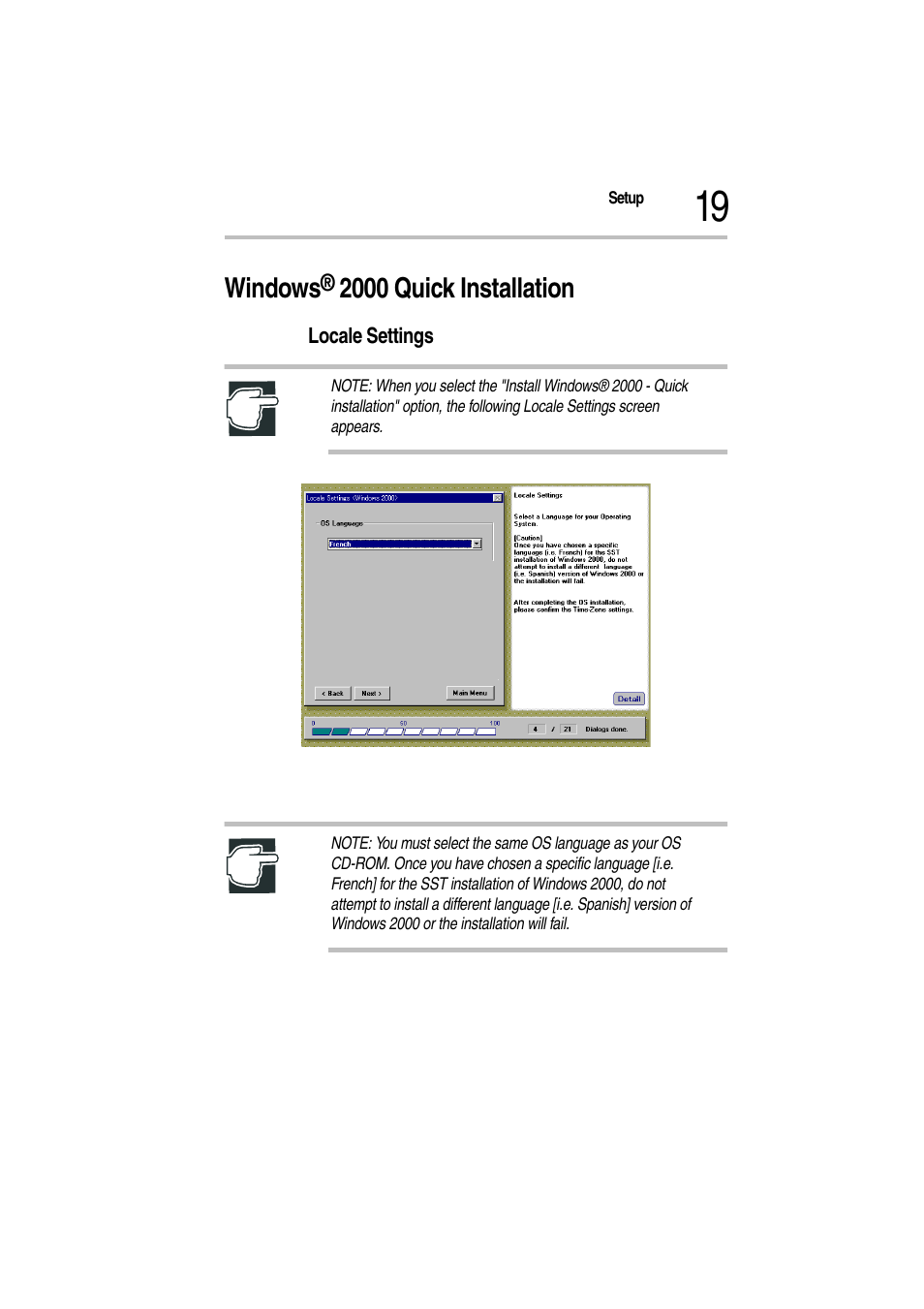 Windows® 2000 quick installation, Locale settings, Locale settings screen | Windows, 2000 quick installation | Toshiba Magnia Z500 User Manual | Page 22 / 115