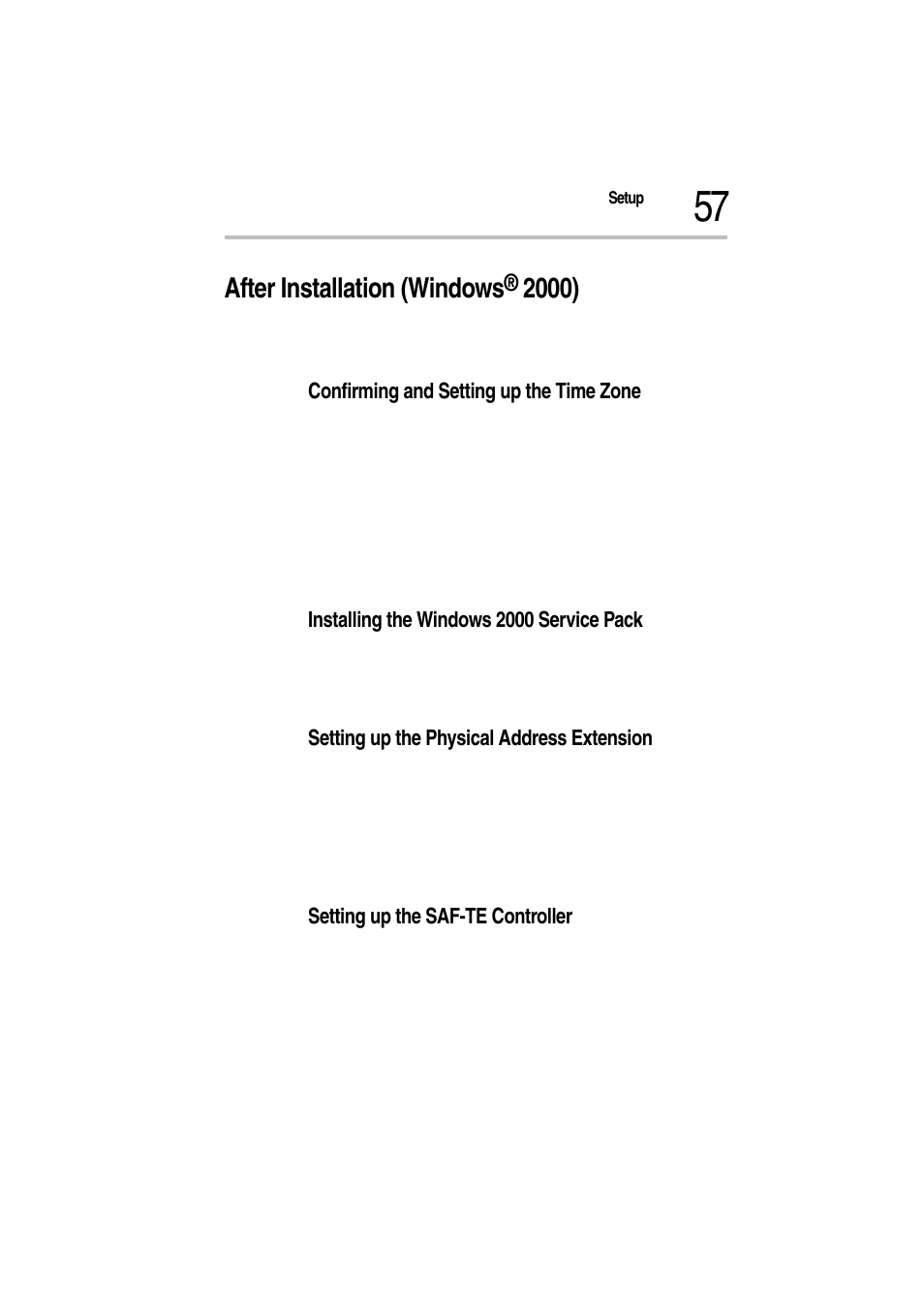 After installation (windows® 2000), Confirming and setting up the time zone, 3 click time zone tab | Installing the windows 2000 service pack, Setting up the physical address extension, Setting up the saf-te controller, After installation (windows | Toshiba Magnia Z500 User Manual | Page 60 / 115