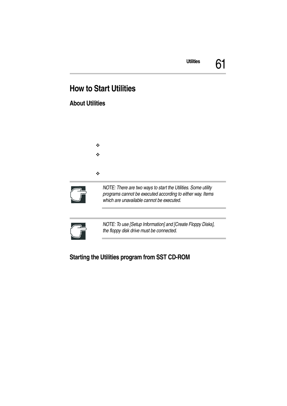 How to start utilities, About utilities, Starting the utilities program from sst cd-rom | Toshiba Magnia Z500 User Manual | Page 64 / 115