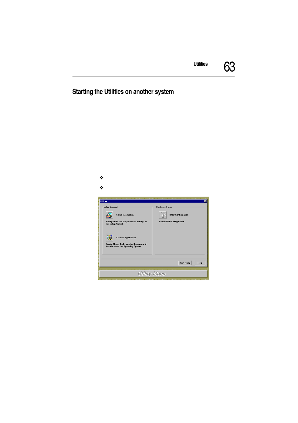 Starting the utilities on another system, Utility menu screen (started from another system) | Toshiba Magnia Z500 User Manual | Page 66 / 115