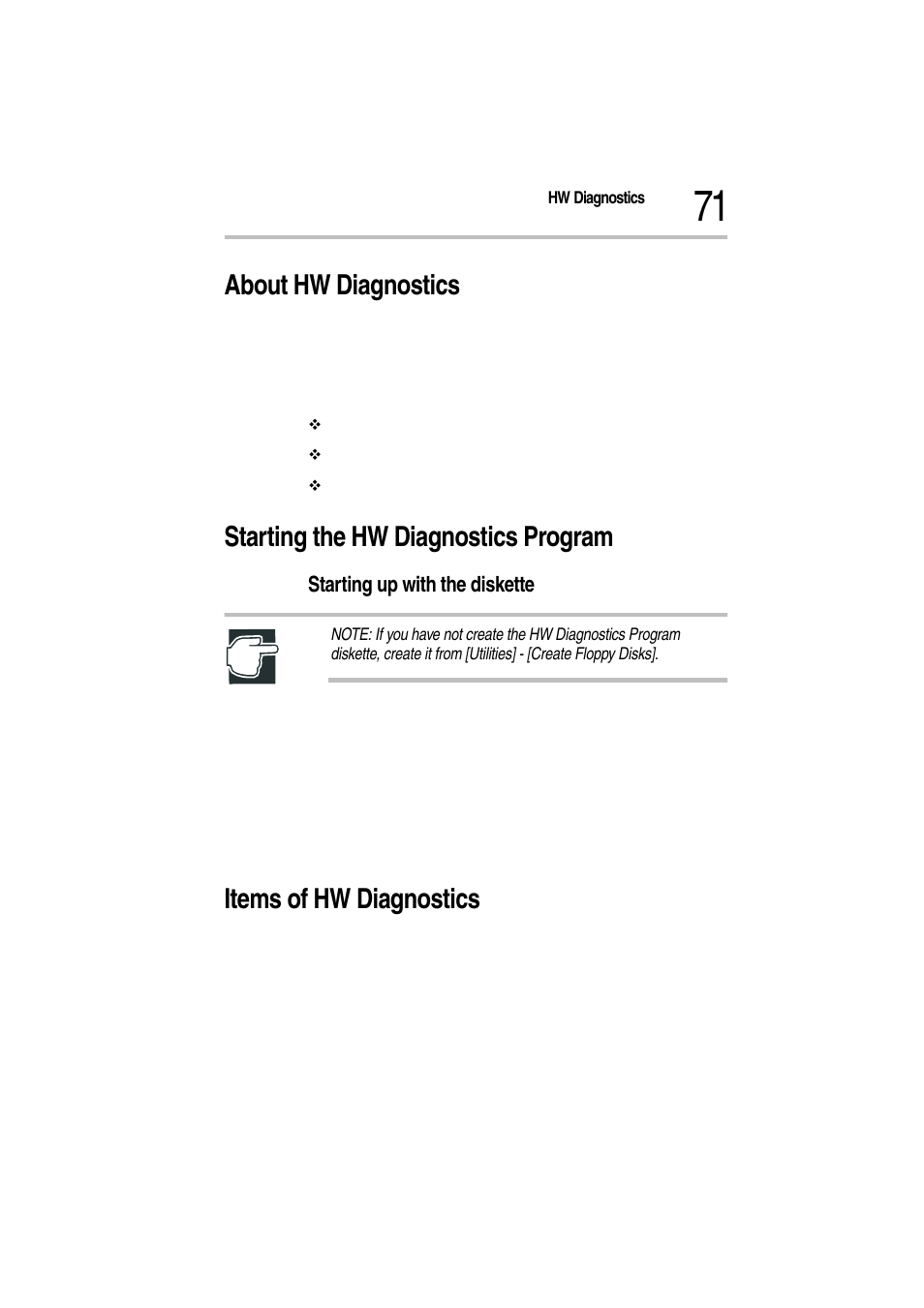 About hw diagnostics, Starting the hw diagnostics program, Starting up with the diskette | 3 turn on the power of the server, Items of hw diagnostics | Toshiba Magnia Z500 User Manual | Page 73 / 115