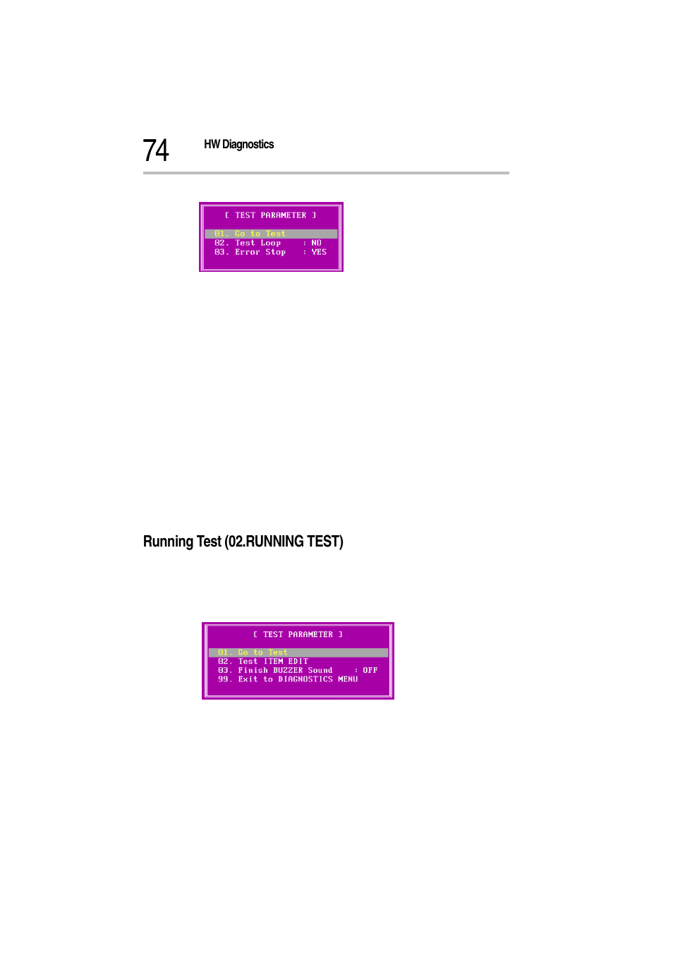 Diagnostics test - test parameter, Running test (02.running test), Running test - test parameter | Toshiba Magnia Z500 User Manual | Page 76 / 115