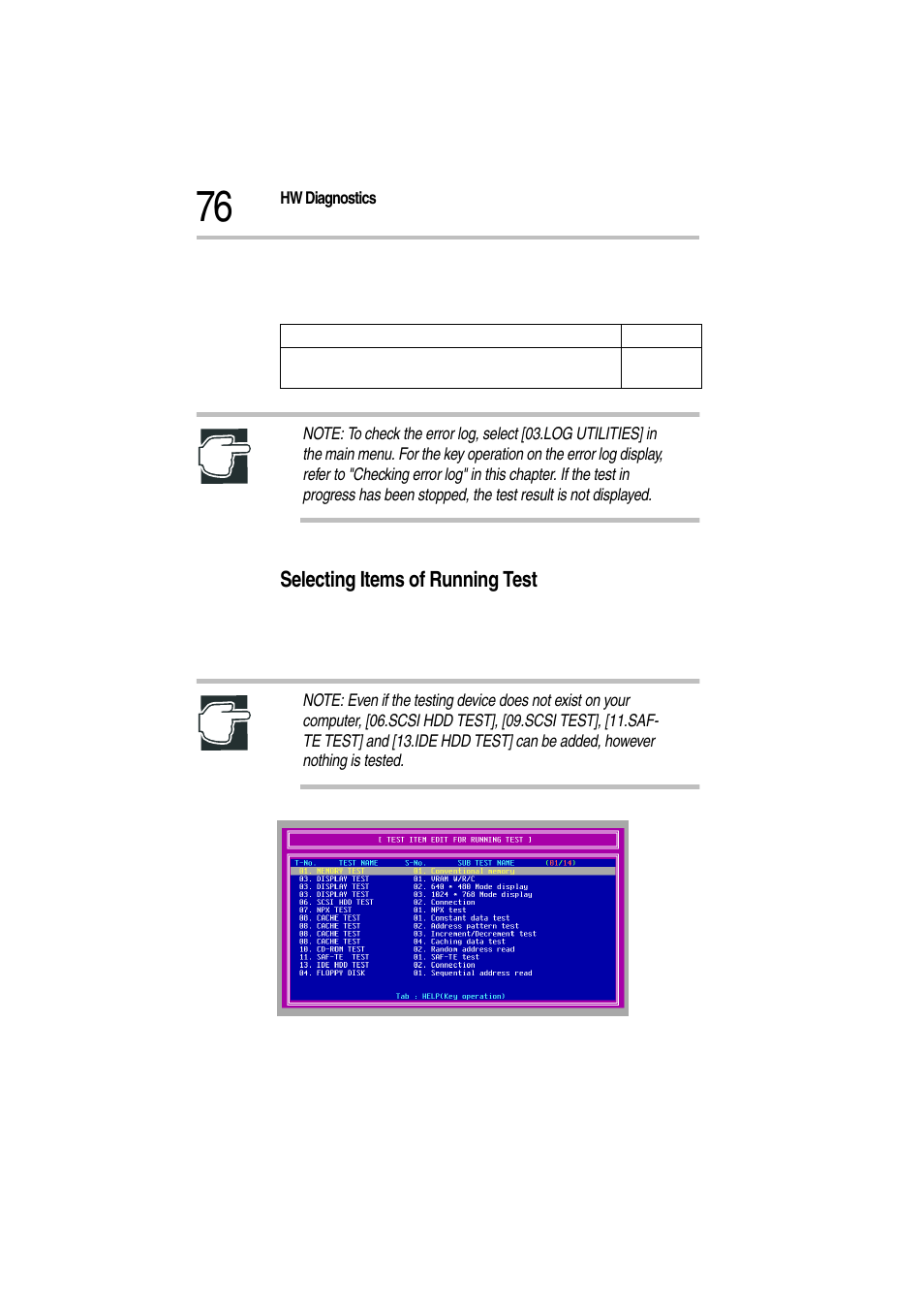 Selecting items of running test, Test item edit for running test | Toshiba Magnia Z500 User Manual | Page 78 / 115