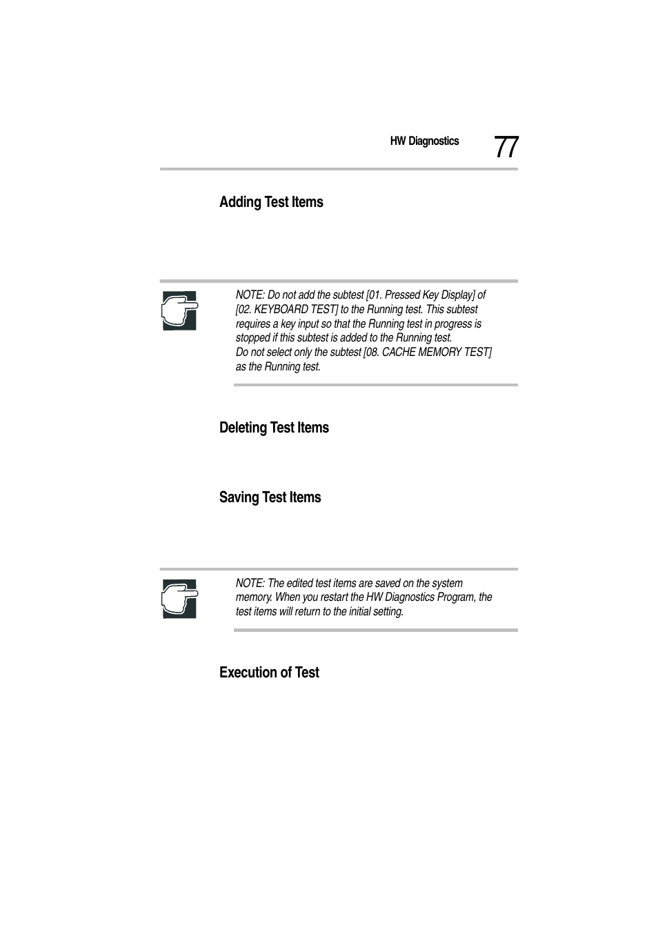 Adding test items, Deleting test items, Saving test items | Execution of test | Toshiba Magnia Z500 User Manual | Page 79 / 115