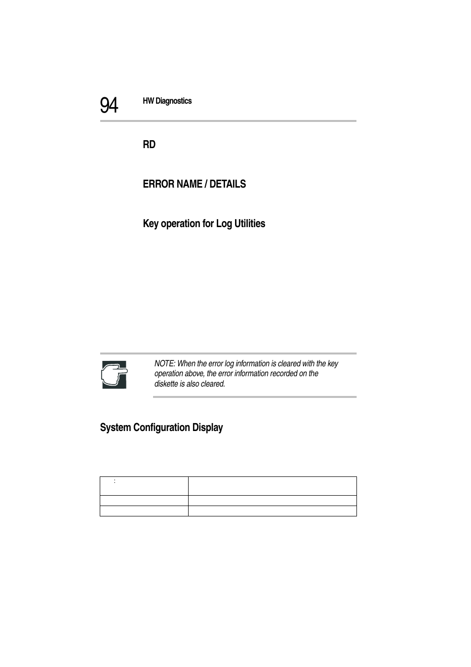 Error name / details, Key operation for log utilities, System configuration display | Toshiba Magnia Z500 User Manual | Page 96 / 115