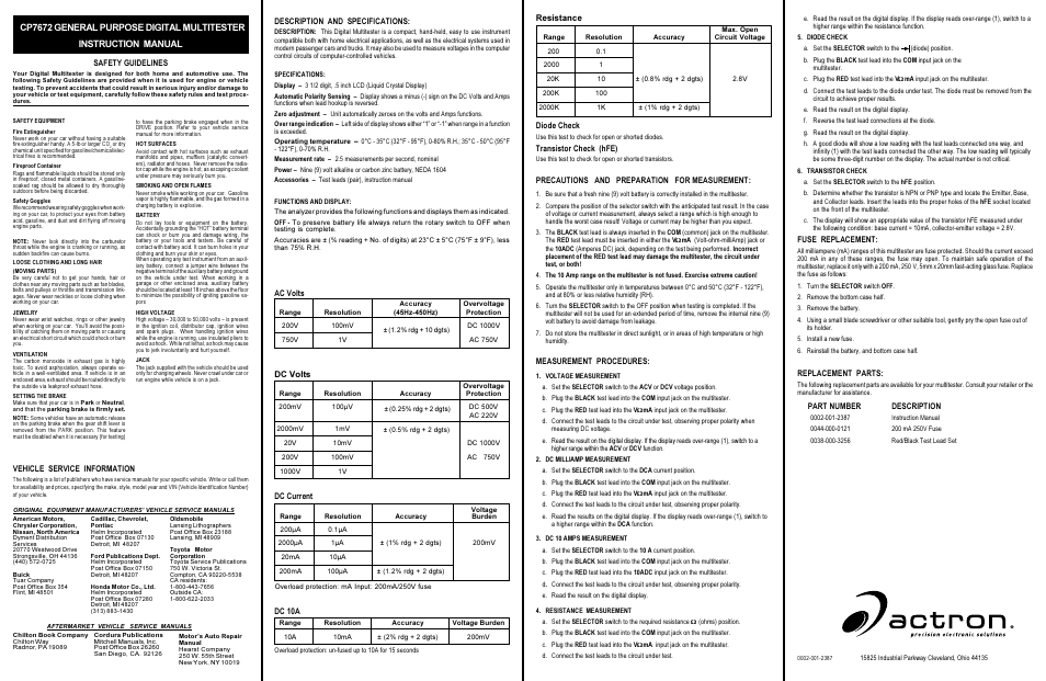 Actron Digital Multitester CP7672 User Manual | 1 page
