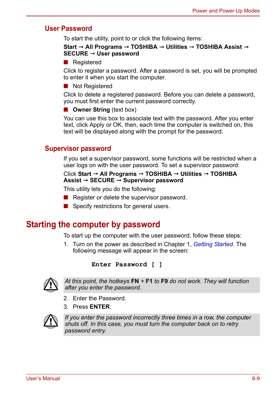Starting the computer by password, Starting the computer by password -9, User password | Supervisor password | Toshiba Satellite C660 User Manual | Page 106 / 158