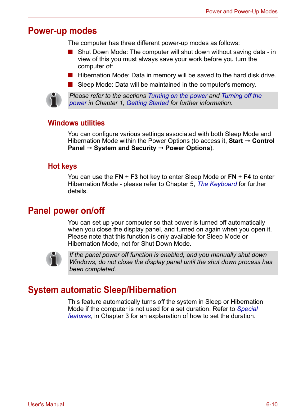 Power-up modes, Panel power on/off, System automatic sleep/hibernation | Toshiba Satellite C660 User Manual | Page 107 / 158