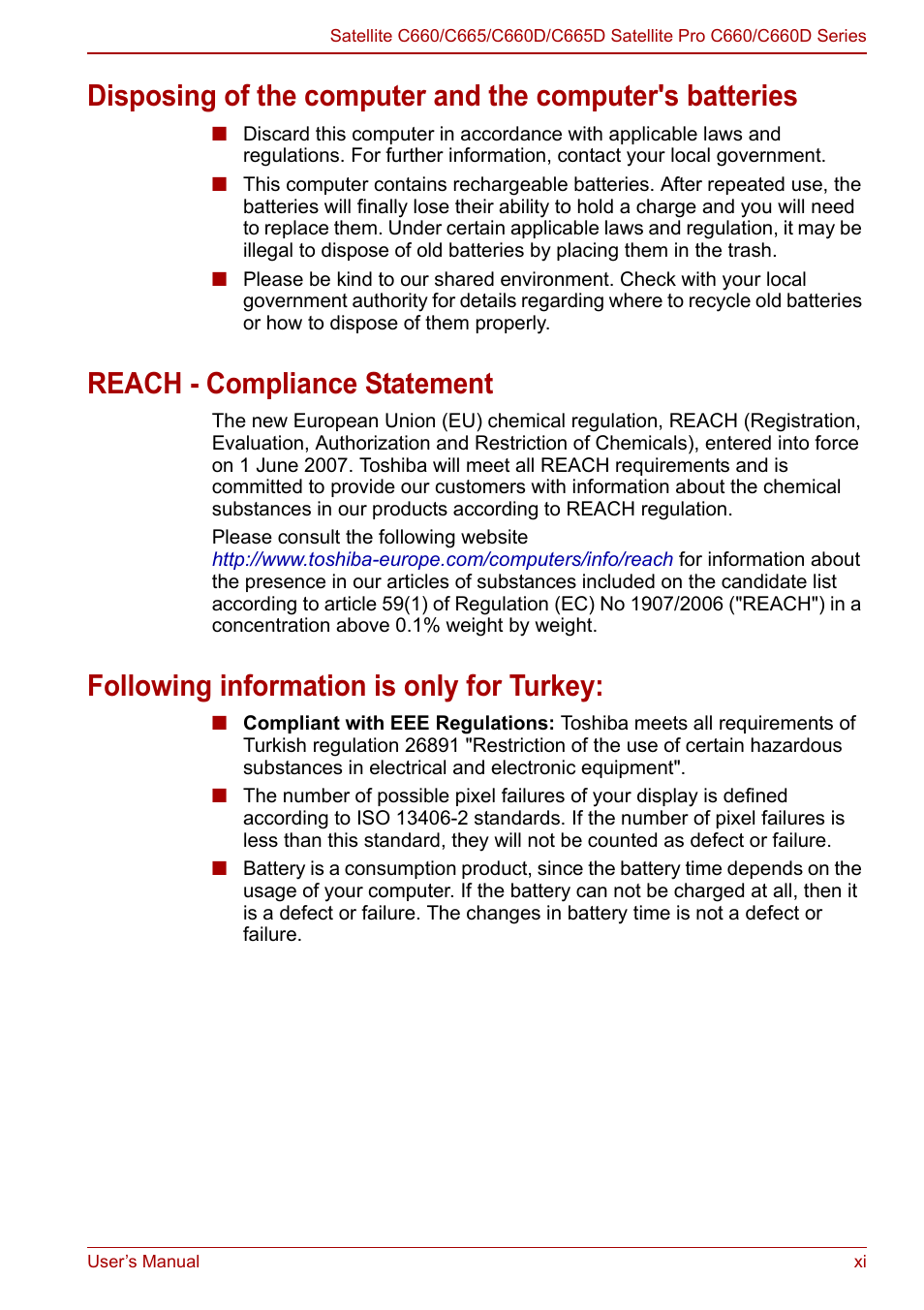 Reach - compliance statement, Following information is only for turkey | Toshiba Satellite C660 User Manual | Page 11 / 158
