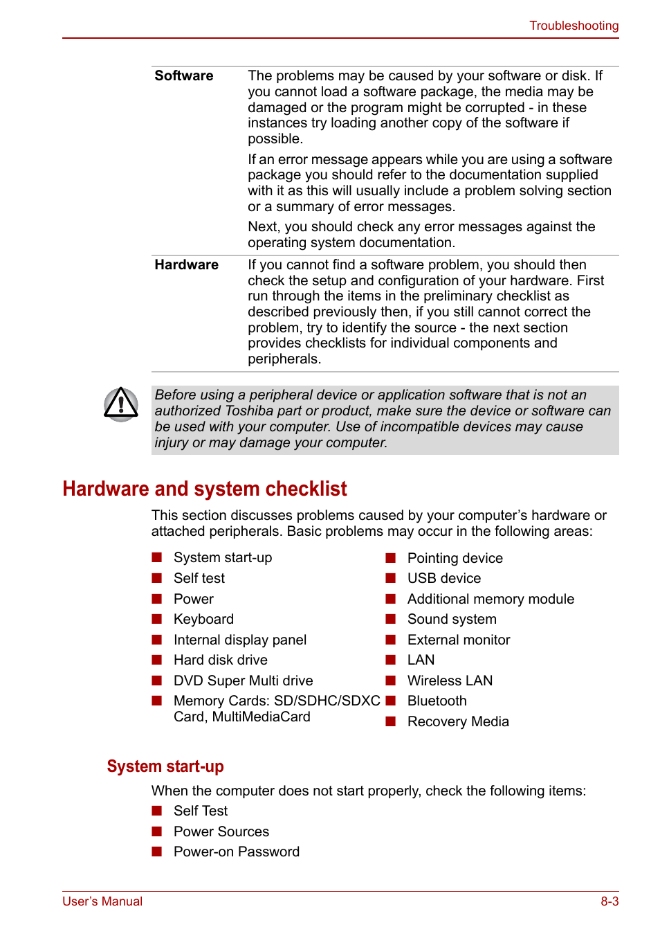 Hardware and system checklist, Hardware and system checklist -3, System start-up | Toshiba Satellite C660 User Manual | Page 115 / 158
