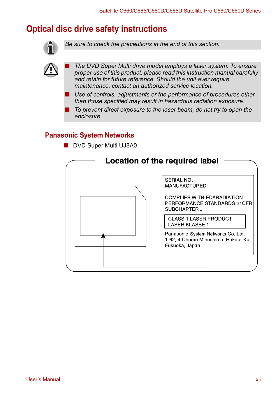 Optical disc drive safety instructions, Panasonic system networks | Toshiba Satellite C660 User Manual | Page 12 / 158