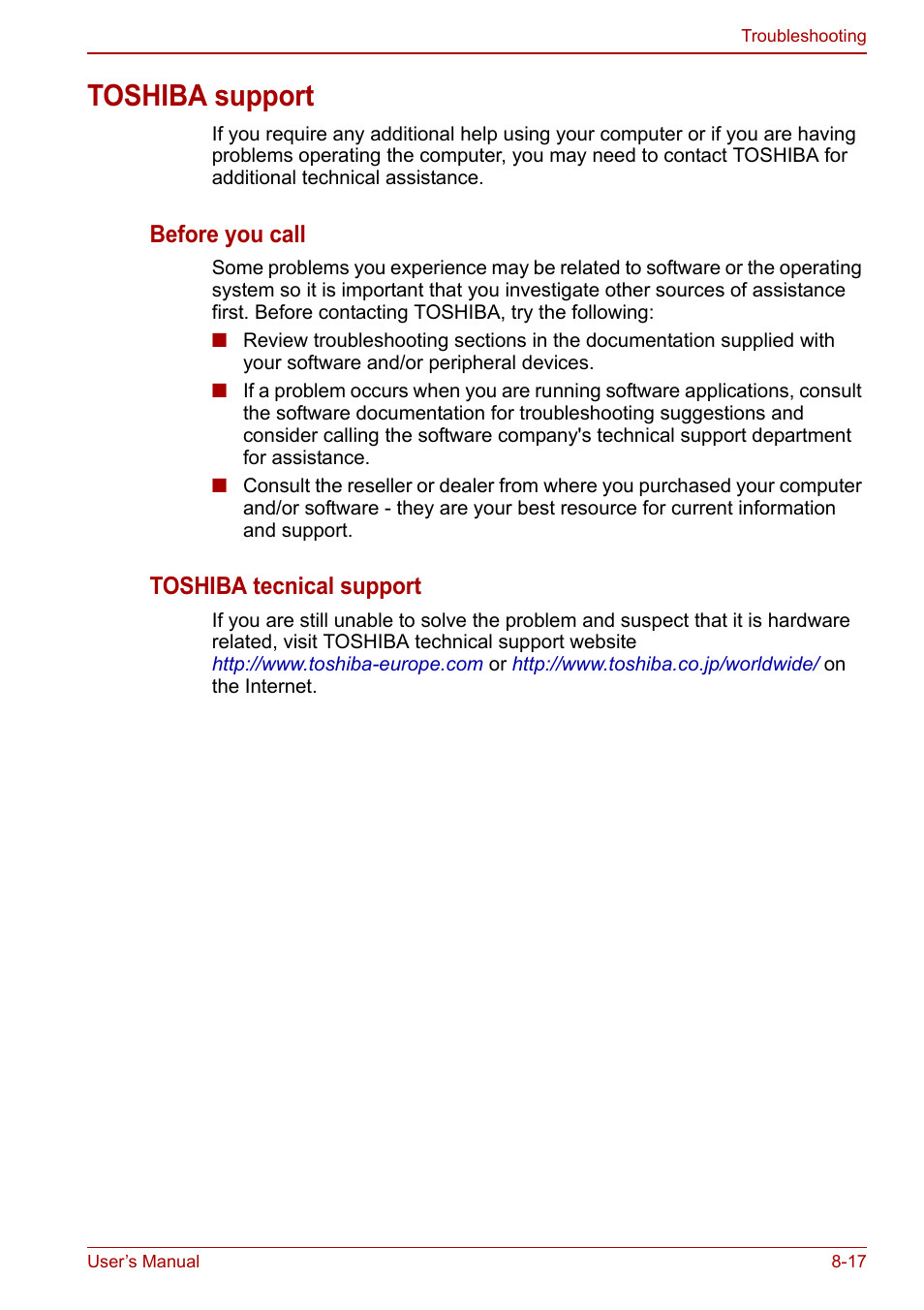 Toshiba support, Toshiba support -17, Before you call | Toshiba tecnical support | Toshiba Satellite C660 User Manual | Page 129 / 158