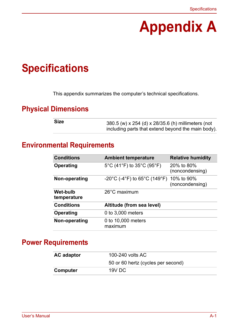 Appendix a: specifications, Appendix a, Specifications | Toshiba Satellite C660 User Manual | Page 130 / 158