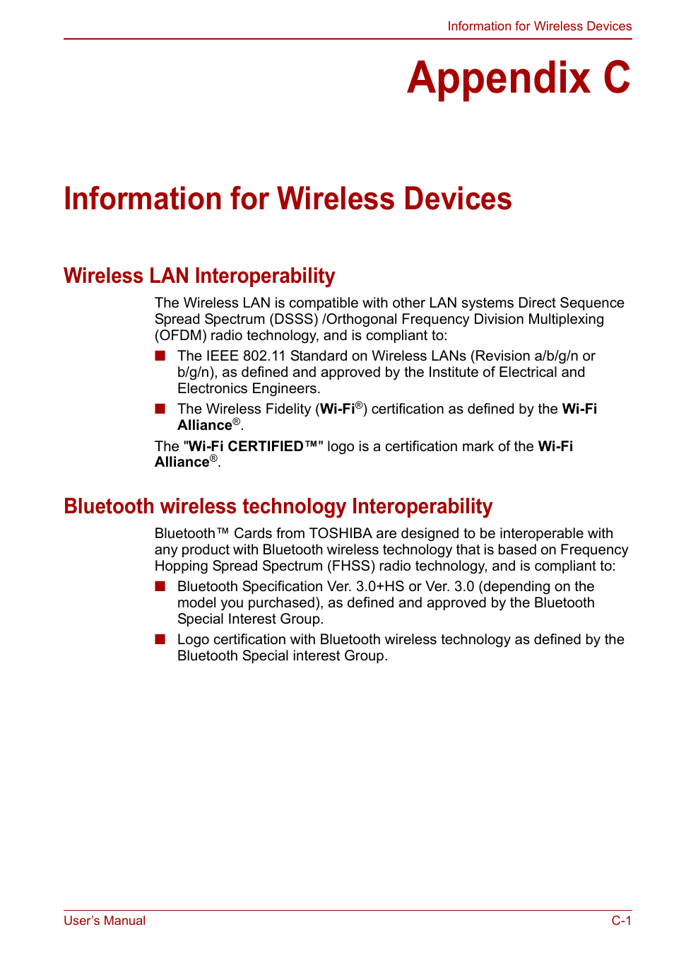 Appendix c: information for wireless devices, Appendix c, Information for wireless devices | Wireless lan interoperability, Bluetooth wireless technology interoperability | Toshiba Satellite C660 User Manual | Page 133 / 158