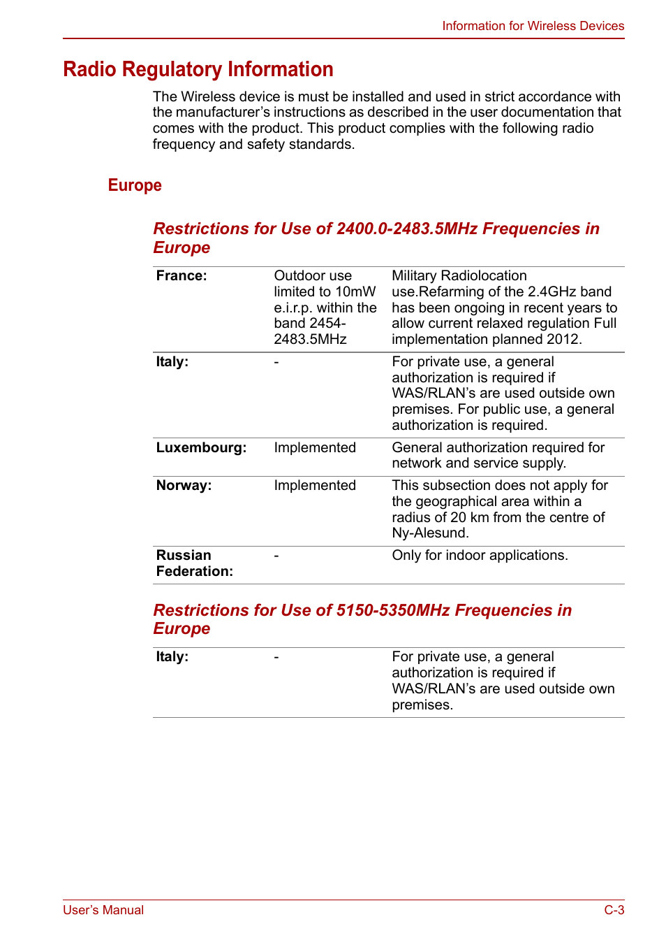 Radio regulatory information, Europe | Toshiba Satellite C660 User Manual | Page 135 / 158