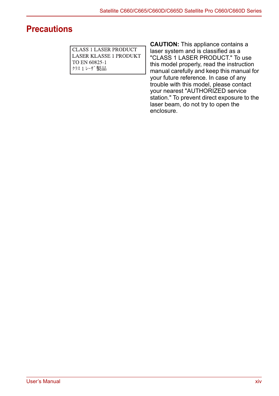 Precautions | Toshiba Satellite C660 User Manual | Page 14 / 158