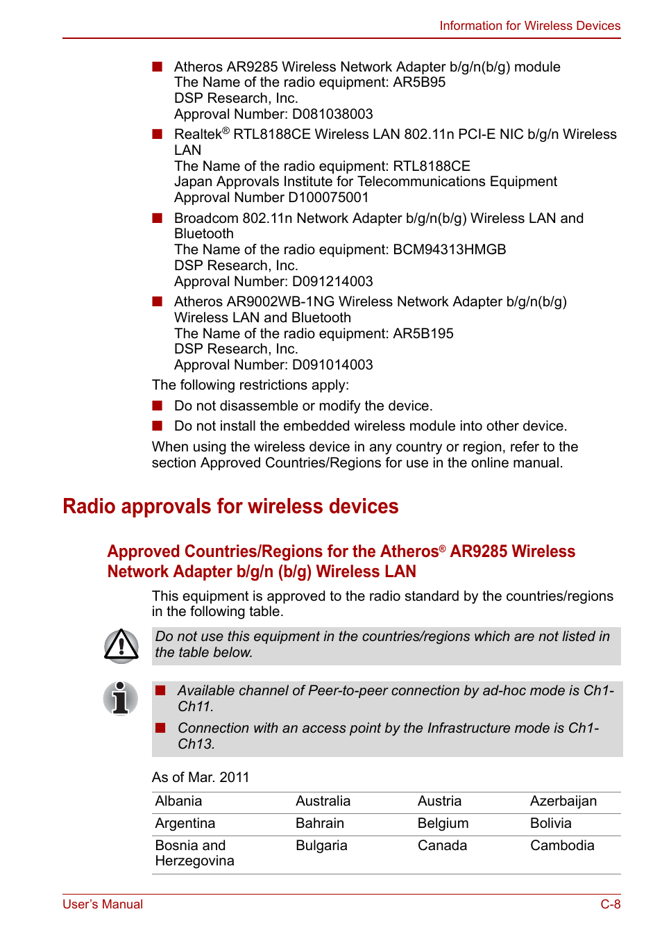 Radio approvals for wireless devices, Approved countries/regions for the atheros | Toshiba Satellite C660 User Manual | Page 140 / 158