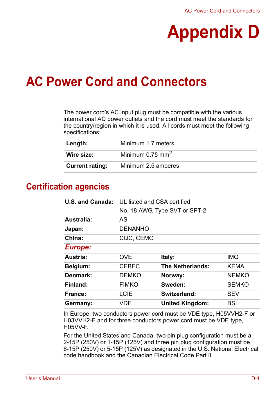 Appendix d: ac power cord and connectors, Appendix d, Ac power cord and connectors | Certification agencies | Toshiba Satellite C660 User Manual | Page 146 / 158