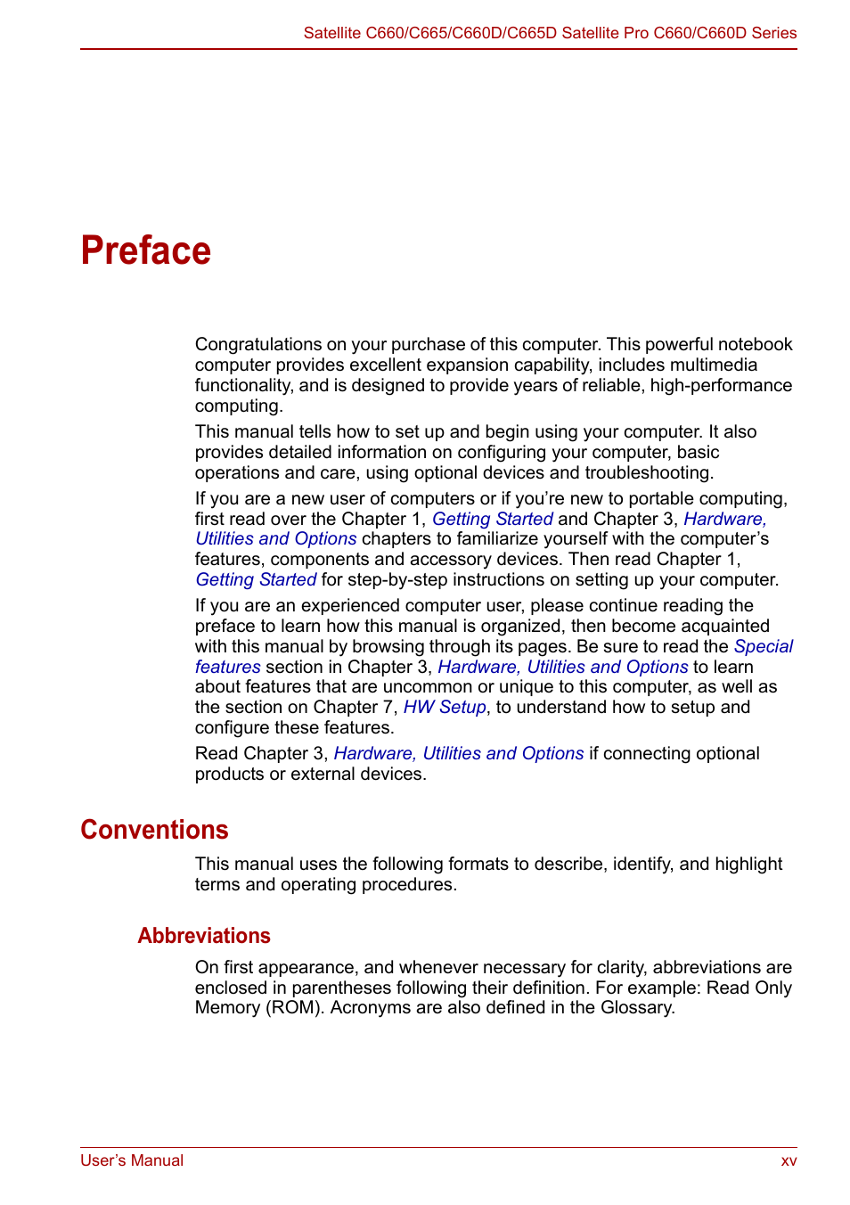Preface, Conventions | Toshiba Satellite C660 User Manual | Page 15 / 158